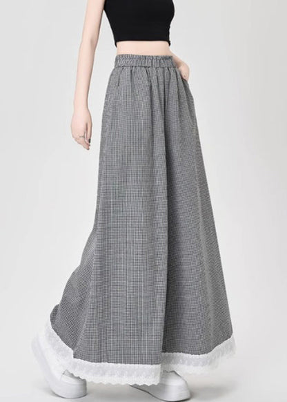 French Leg Lace Wide Cotton Patchwork Summer Pants Black Plaid