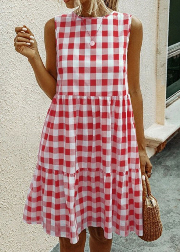 Sleeveless French Black Pockets Plaid Dress Cotton