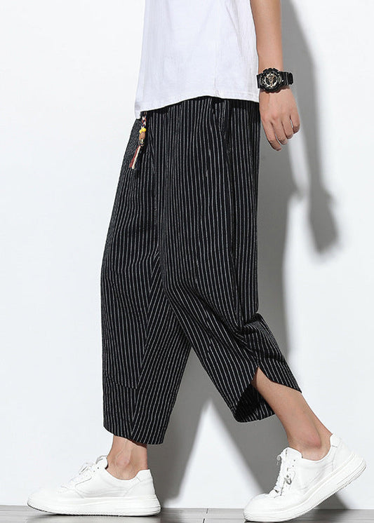 Waist Men Pants Pockets Harem French Elastic Cotton Black