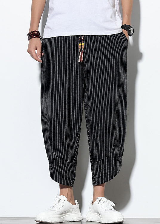 Waist Men Pants Pockets Harem French Elastic Cotton Black