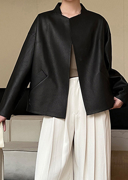 Coats French Pockets Spring Faux Leather Sashes Black