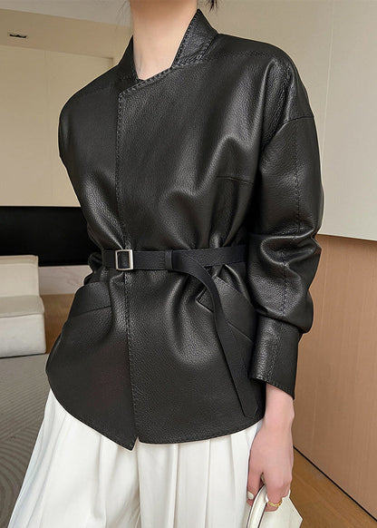 Coats French Pockets Spring Faux Leather Sashes Black