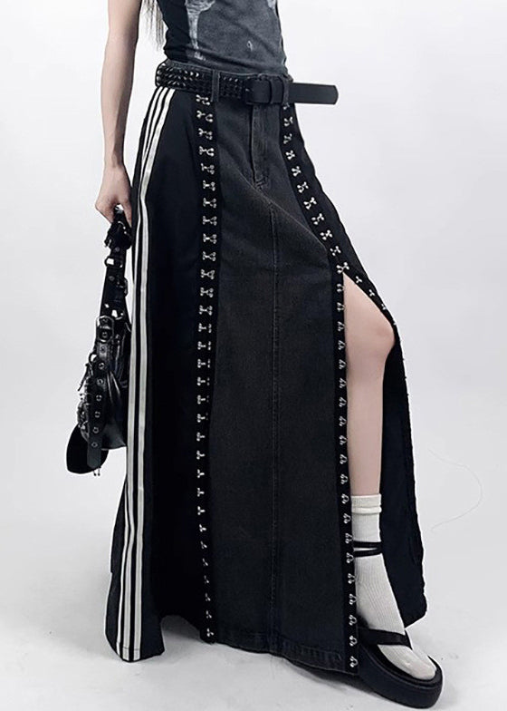 French Black Pockets Side Open Denim Patchwork Skirt Spring YJ008