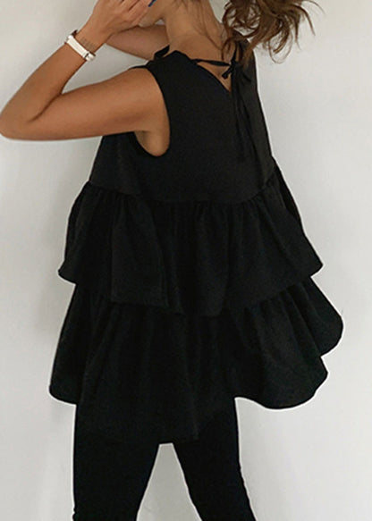A Sleeveless Tank Cotton French Ruffled Line Black