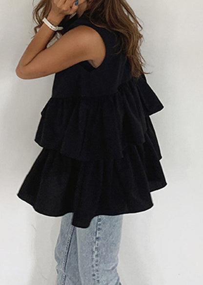 A Sleeveless Tank Cotton French Ruffled Line Black