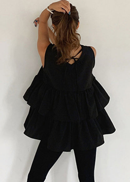A Sleeveless Tank Cotton French Ruffled Line Black