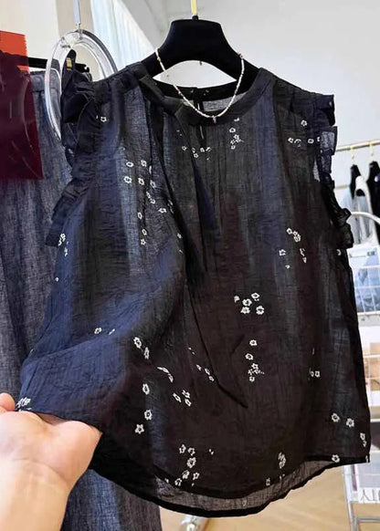 Summer Black French Ruffled Cotton Top Embroidered