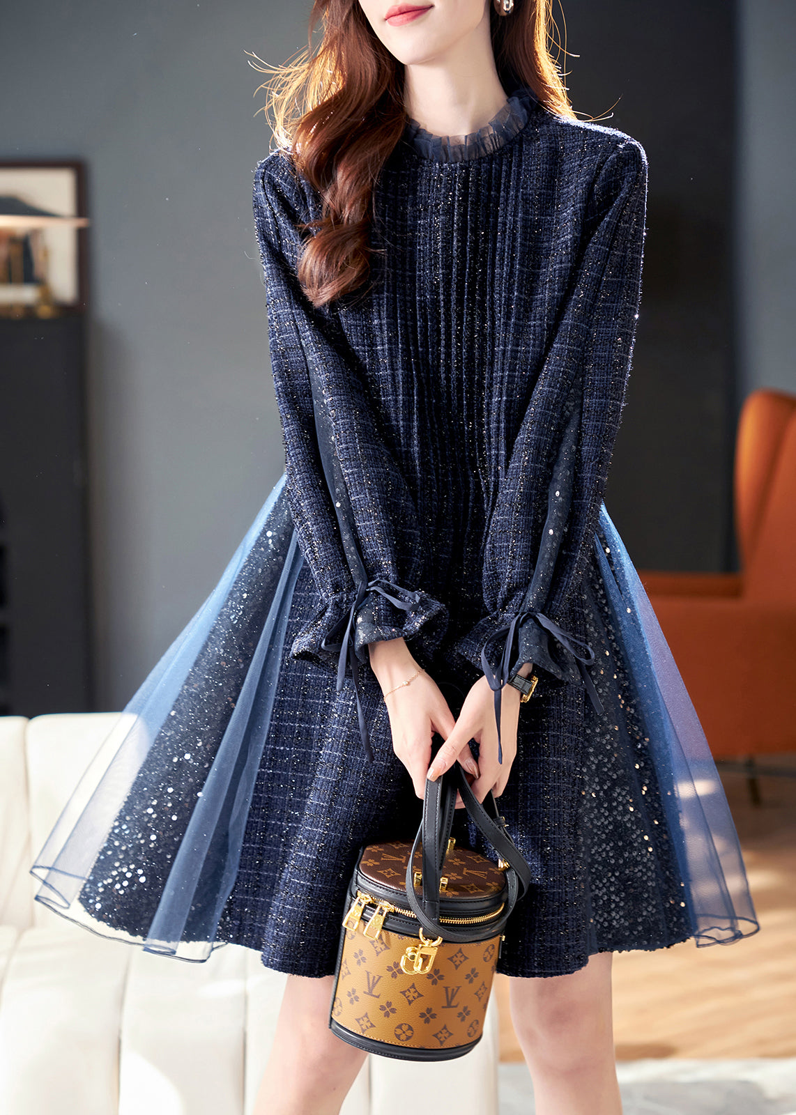 French Black Sequins Tulle Patchwork Dresses Butterfly Sleeve RL043