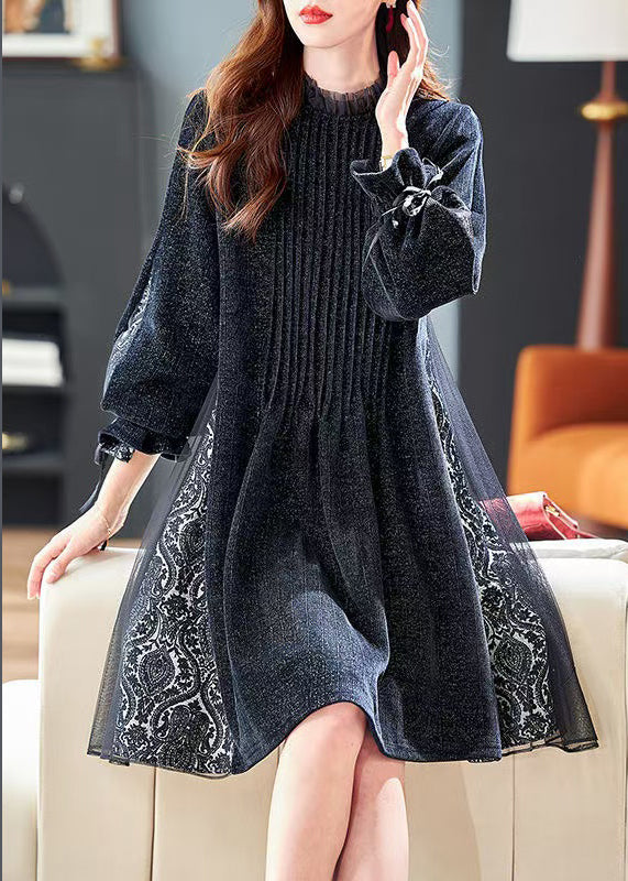 French Black Sequins Tulle Patchwork Dresses Butterfly Sleeve RL043