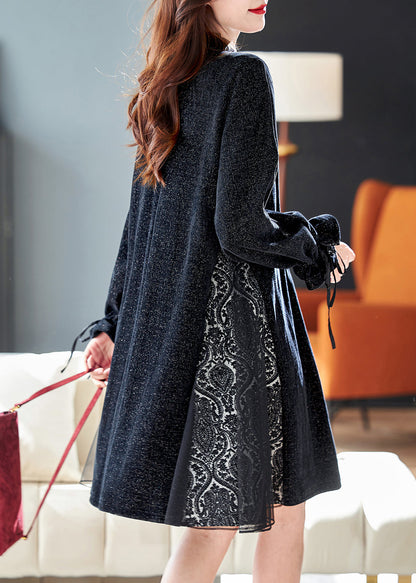 French Black Sequins Tulle Patchwork Dresses Butterfly Sleeve RL043