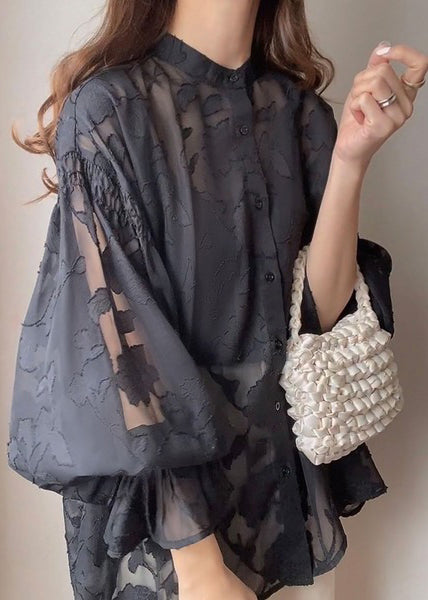 Fall Black Jacquard Collar French Top Chiffon Stand