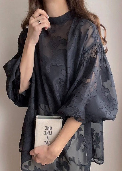 Fall Black Jacquard Collar French Top Chiffon Stand