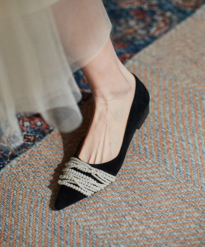 Flat Splicing French Nail Bead Shoes Pointed Toe Suede Black
