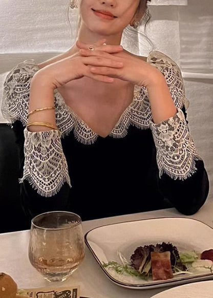 Velvet Neck Silk Lace Dresses Spring French V Patchwork Black