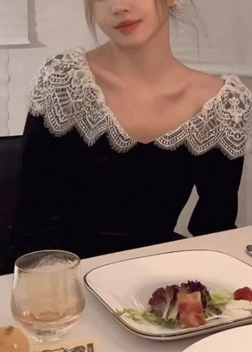 Velvet Neck Silk Lace Dresses Spring French V Patchwork Black