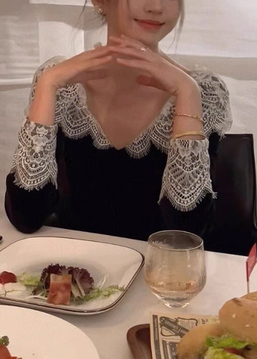 Velvet Neck Silk Lace Dresses Spring French V Patchwork Black