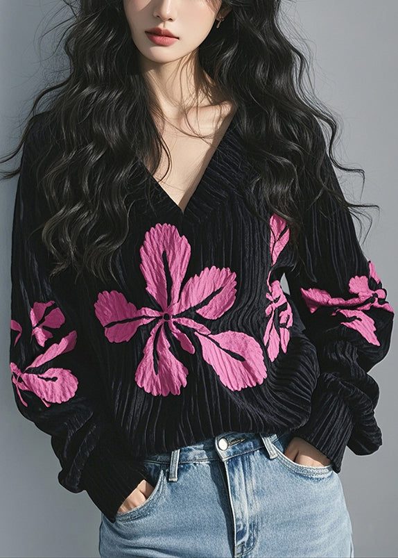 Spring Shirt T Black Neck Corduroy Print Top French V