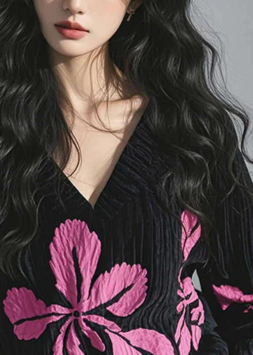 Spring Shirt T Black Neck Corduroy Print Top French V