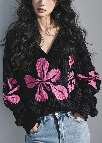 Spring Shirt T Black Neck Corduroy Print Top French V