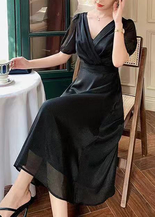 Robe longue en soie unie noire à col en V pour l'été XX003