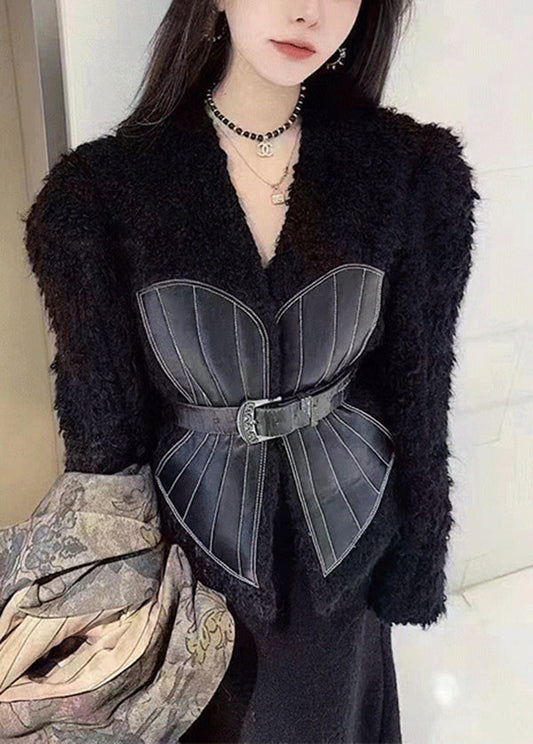 French Black V Neck Tie Waist Patchwork Leather And Fur Coats Spring YY001