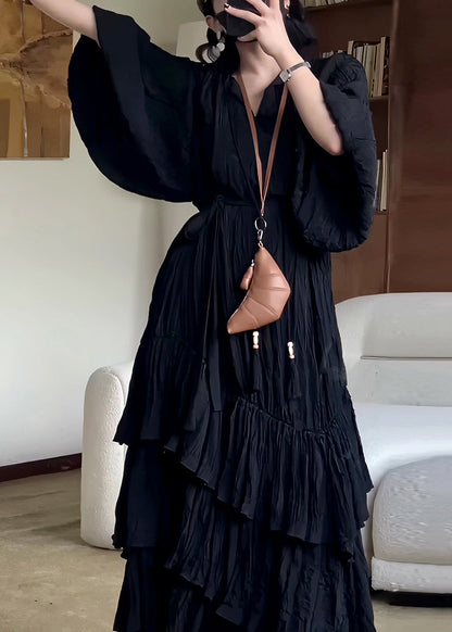 Fall Solid Cotton Wrinkled Long Neck Black Dress French V