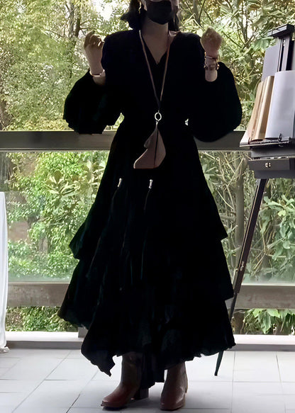 Fall Solid Cotton Wrinkled Long Neck Black Dress French V