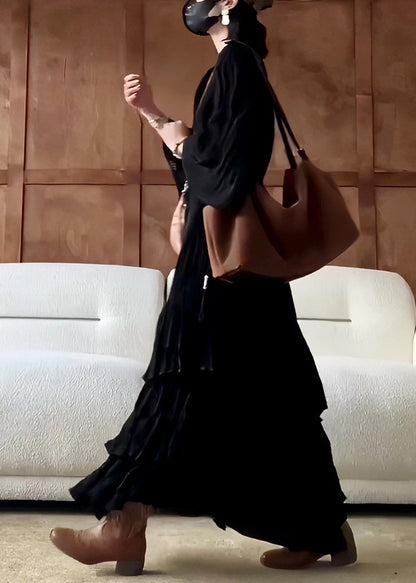 Fall Solid Cotton Wrinkled Long Neck Black Dress French V
