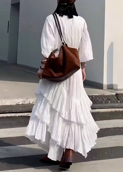 Fall Solid Cotton Wrinkled Long Neck Black Dress French V