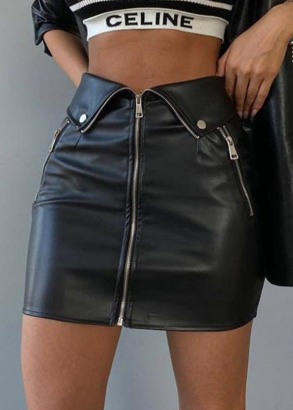 French Black Zip Up High Waist Faux Leather Skirt Spring YZ065