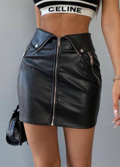French Black Zip Up High Waist Faux Leather Skirt Spring YZ065