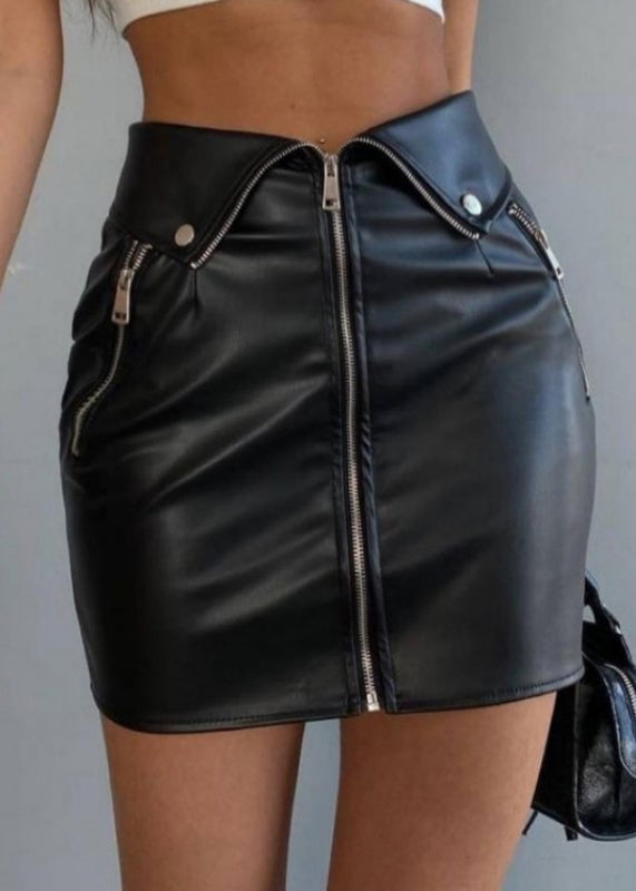 French Black Zip Up High Waist Faux Leather Skirt Spring YZ065