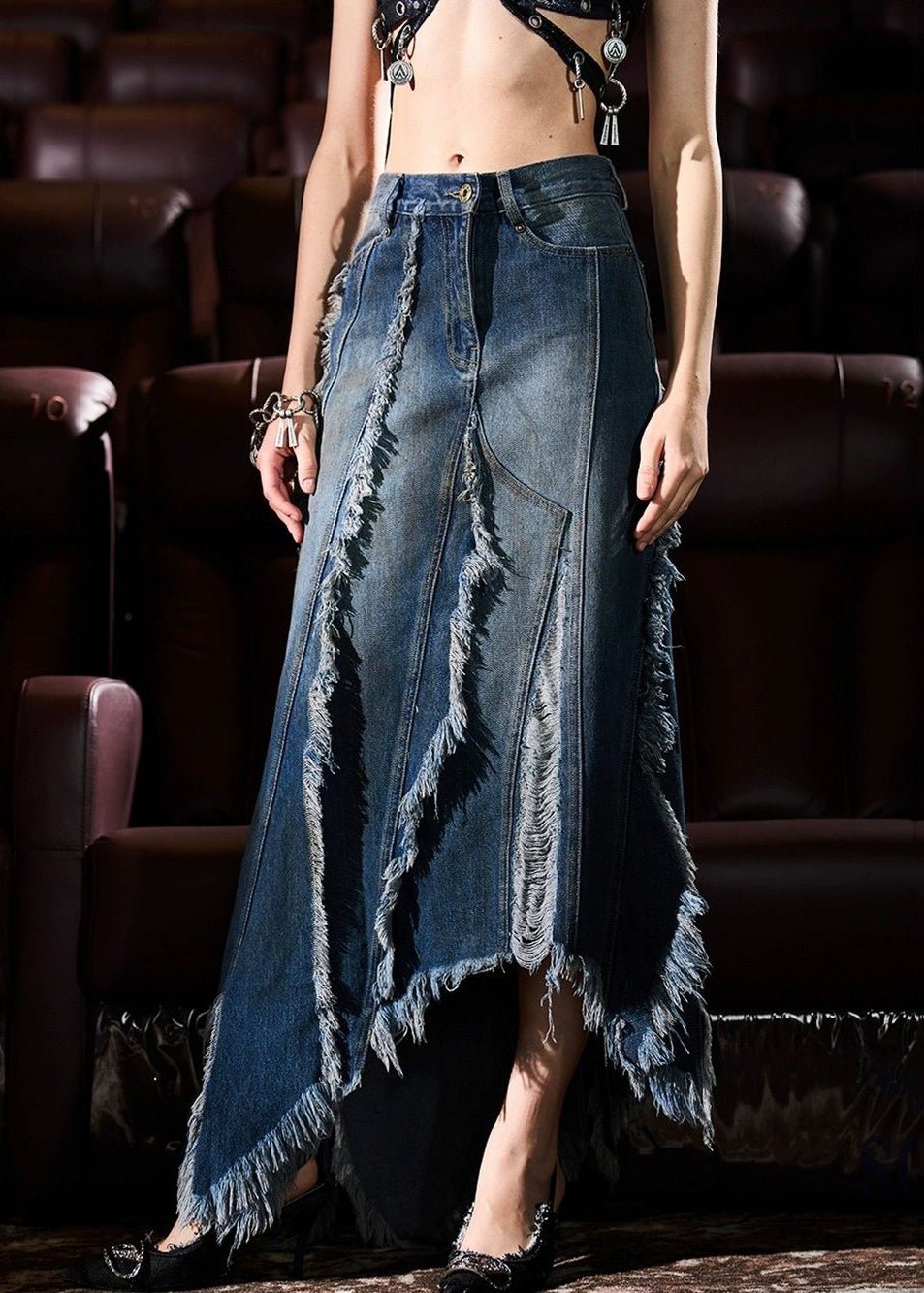 French Blue Asymmetrical Design Tasseled Denim Skirt Summer AW1015