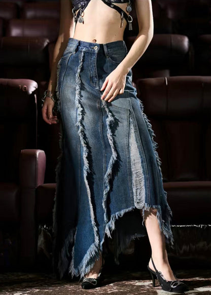 French Blue Asymmetrical Design Tasseled Denim Skirt Summer AW1015