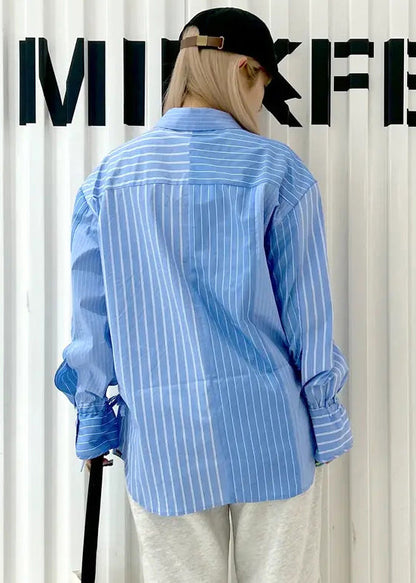 Asymmetrical Shirts French Spring Blue Cotton Striped