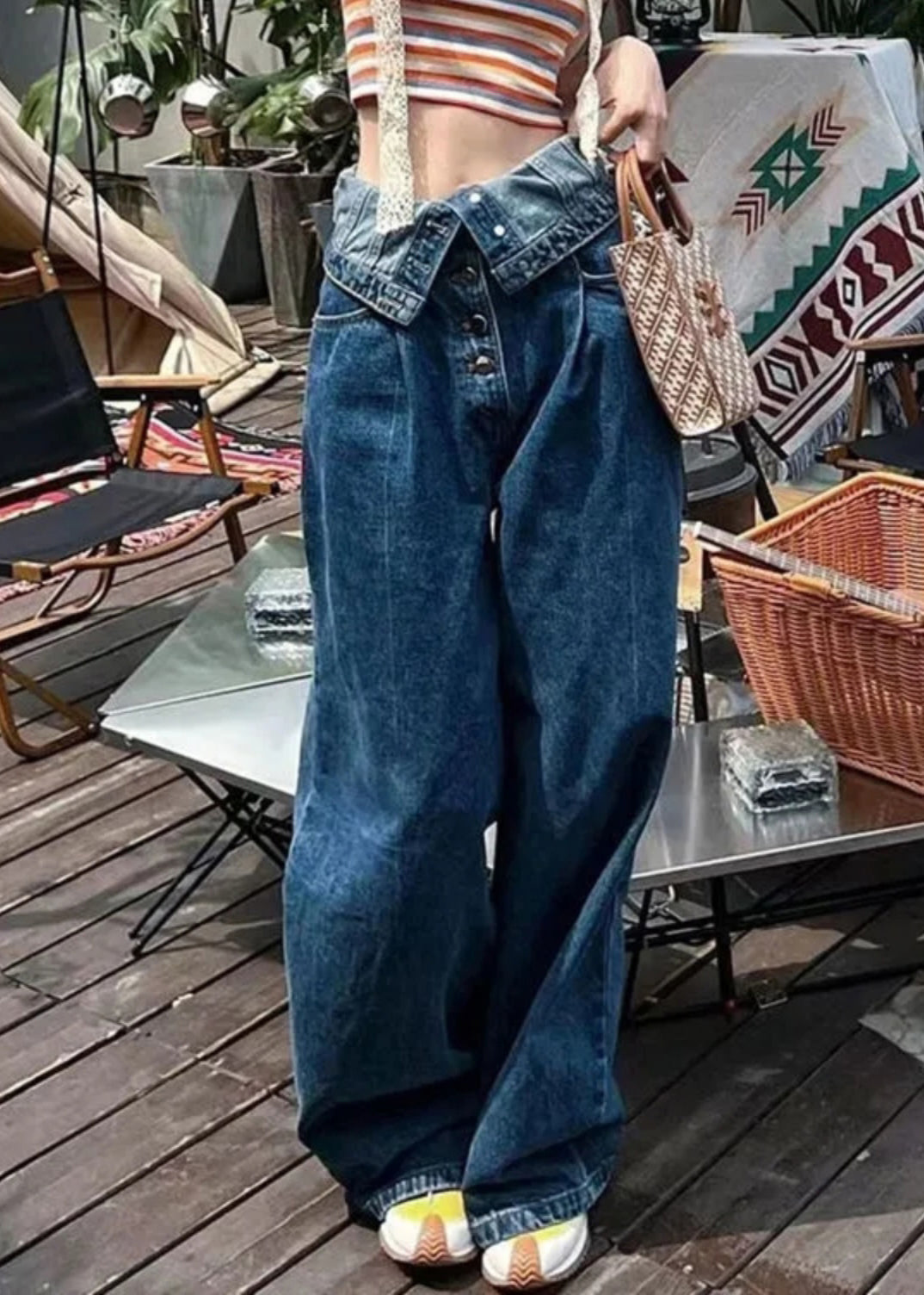 Pantalon en jean taille haute à boutons bleus français Été AW1017