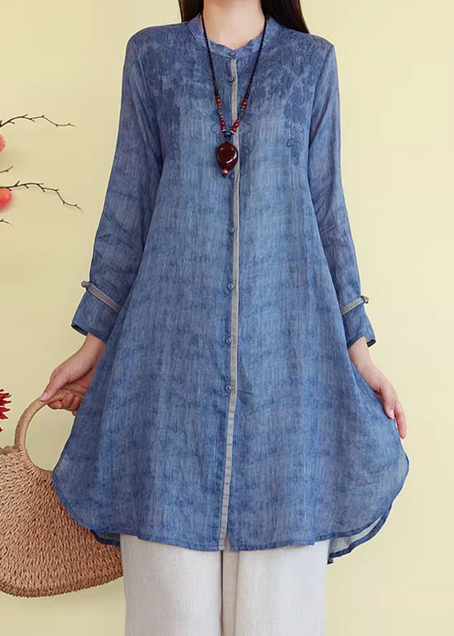 French Linen Blue Embroidered Fall Button Shirts