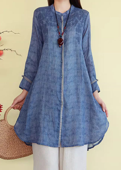 French Linen Blue Embroidered Fall Button Shirts
