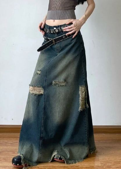 French Blue Hole High Waist Denim Maxi Skirts Summer AW1014