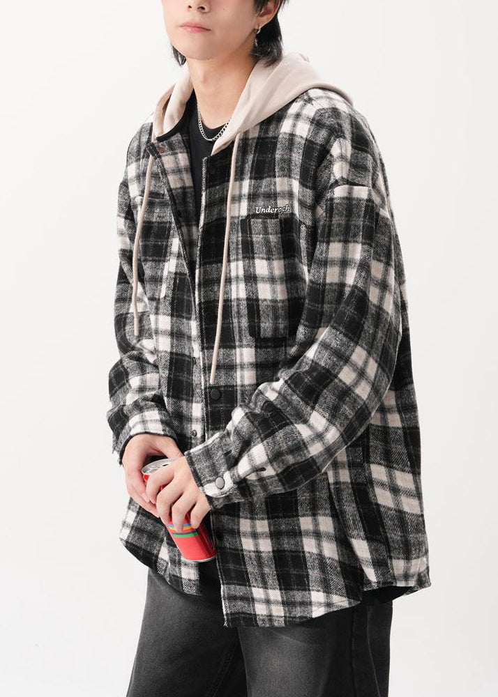 Cotton Mens Button Hooded Blue French Coats Plaid Spring