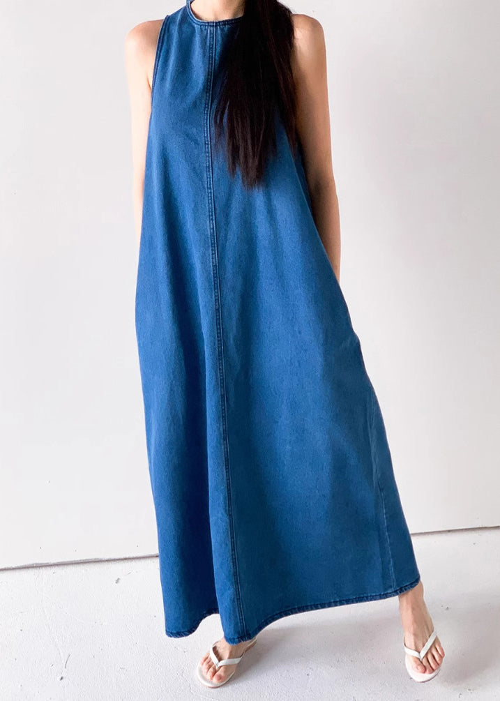 Blue Pockets French Dresses Up Lace Denim Sleeveless Long