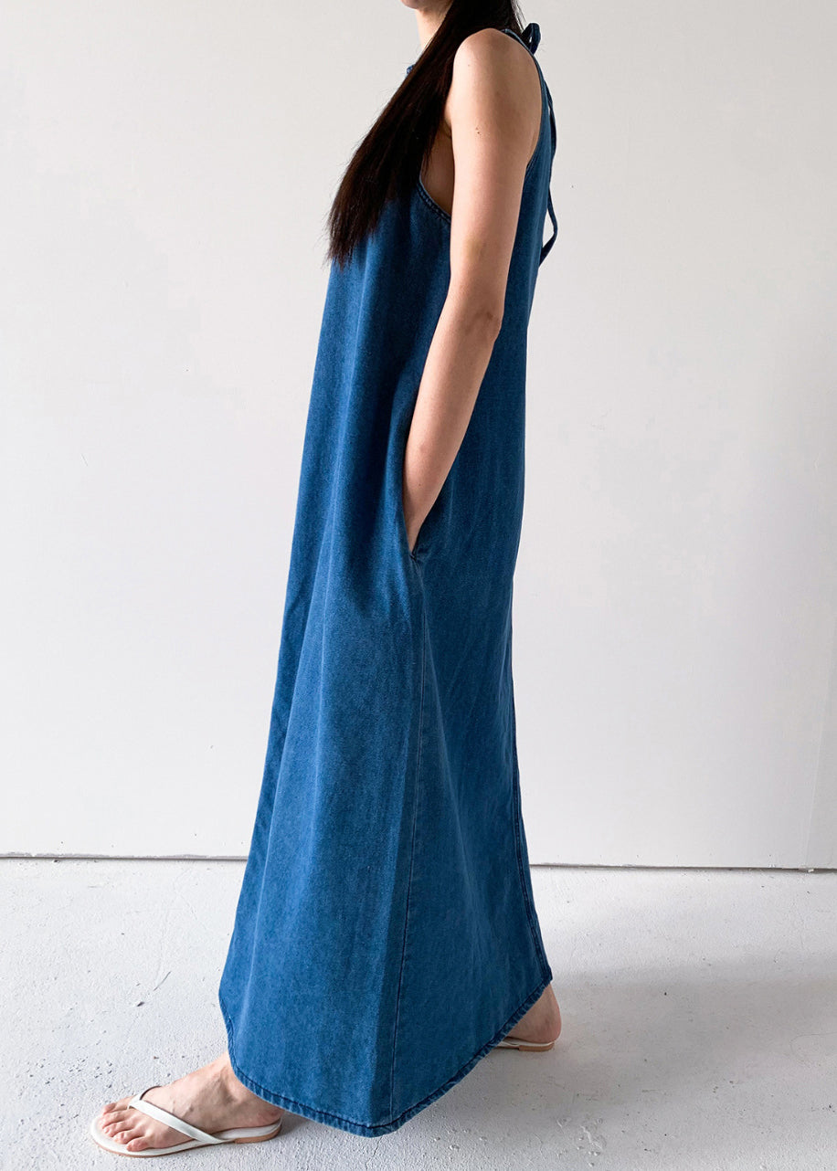 Blue Pockets French Dresses Up Lace Denim Sleeveless Long