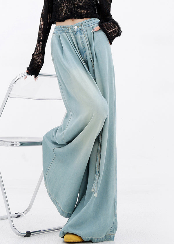 Pants Wide Denim Pockets Lace Up Spring Blue Leg French