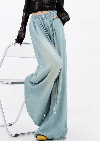 Pants Wide Denim Pockets Lace Up Spring Blue Leg French