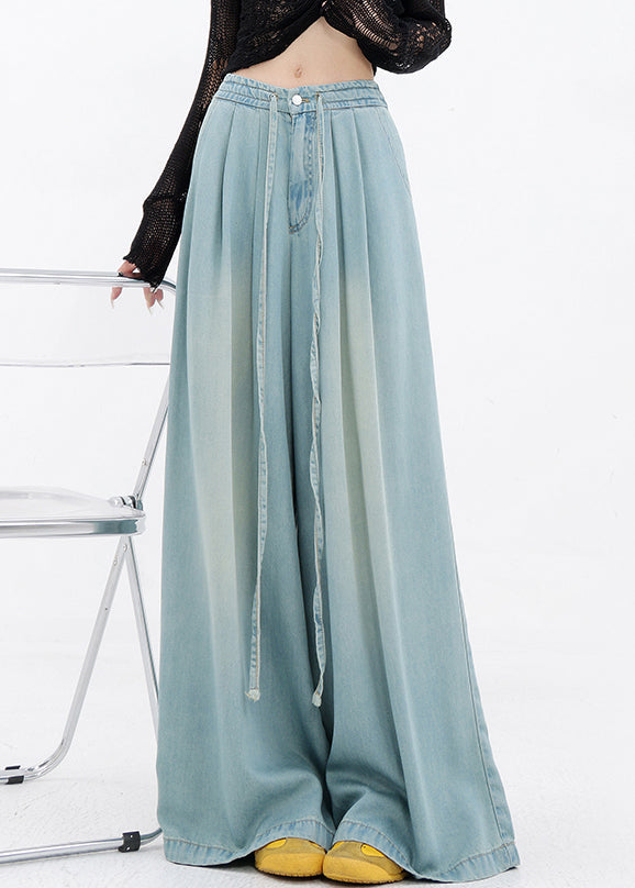 Pants Wide Denim Pockets Lace Up Spring Blue Leg French