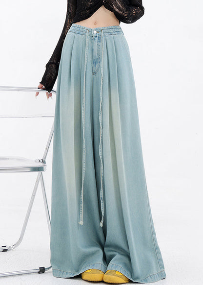 Pants Wide Denim Pockets Lace Up Spring Blue Leg French
