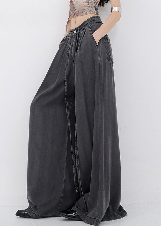 Pants Wide Denim Pockets Lace Up Spring Blue Leg French