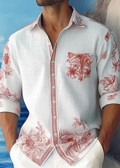 Cotton Print Peter Pan Shirts Fall Blue Collar Mens French