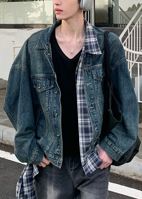 Coats False Mens Two Spring TC049 Plaid Blue Pieces Denim Patchwork French