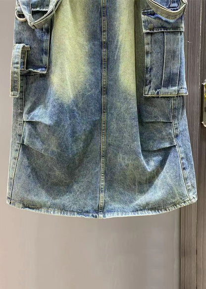 Französischer blauer Denim-Overall mit seitlich offenen Taschen und ärmellos KK009